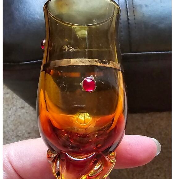 5 1930 Murano Tulip Cordial Glasses 22k Gold Trim and Filigree w/ Red Jewels - Picture 10 of 15